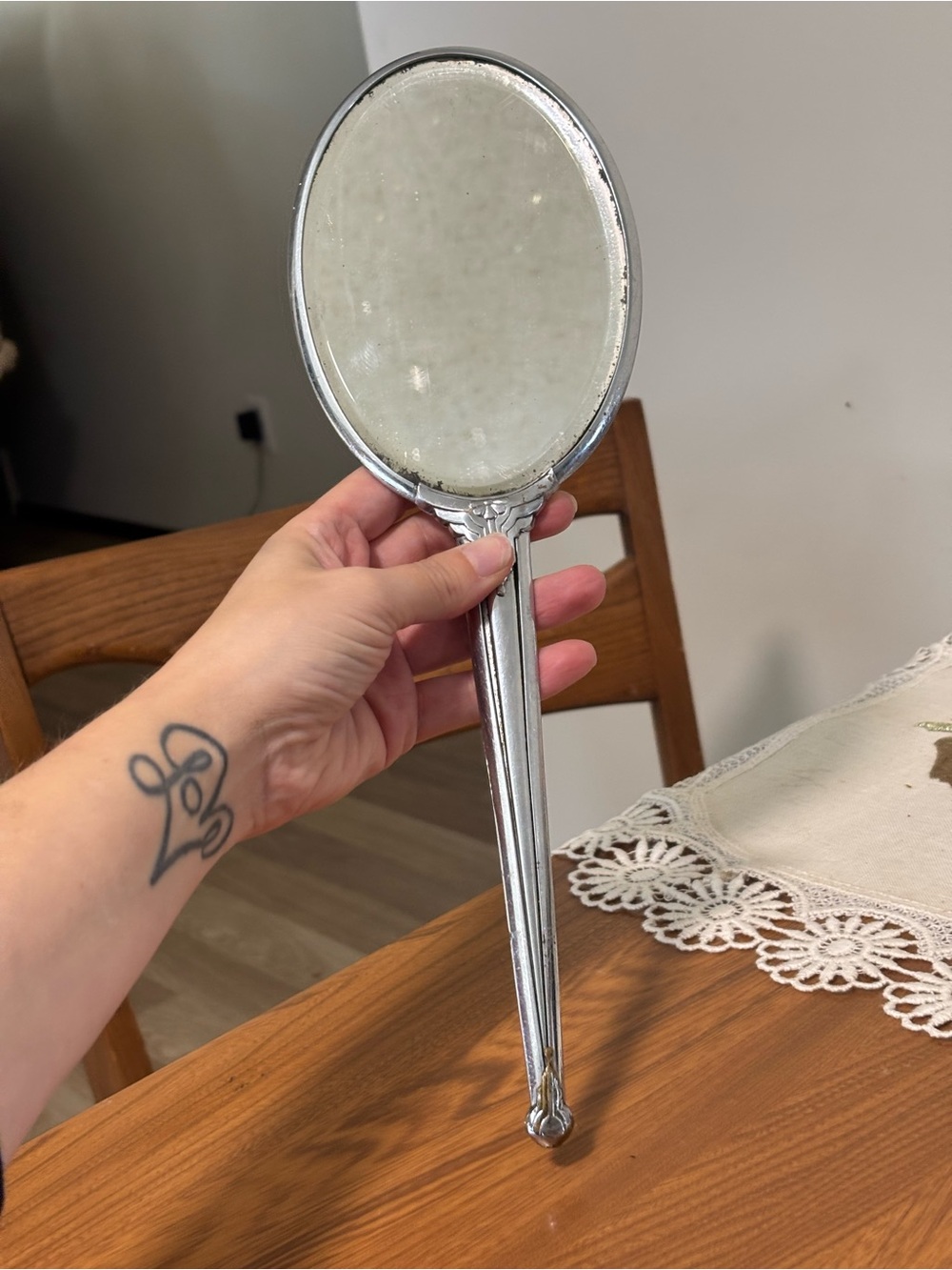 Vintage Art Deco Silver-Tone Hand Mirror – 13.5” Vanity Mirror